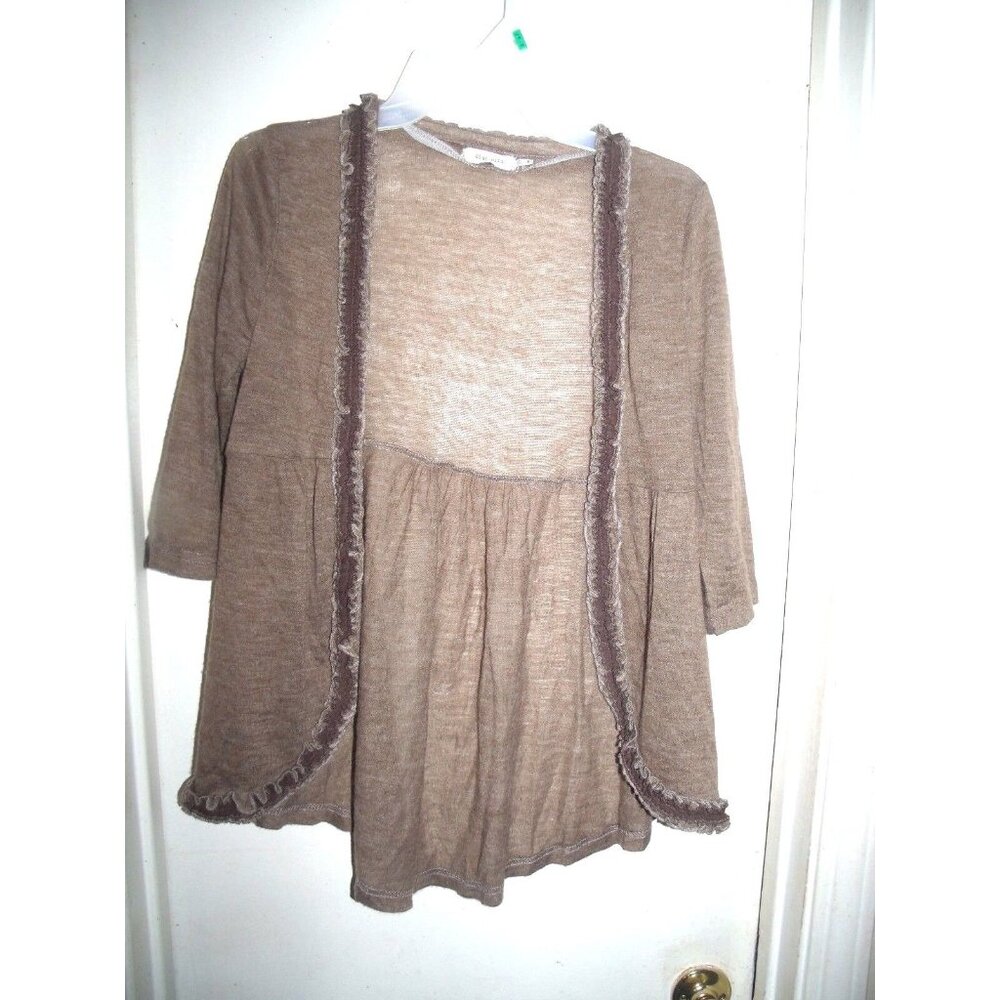 Blue Bird Brown Open Front Ruffle Trim 3/4 Sleeve Cardigan Sweater Women Size S
